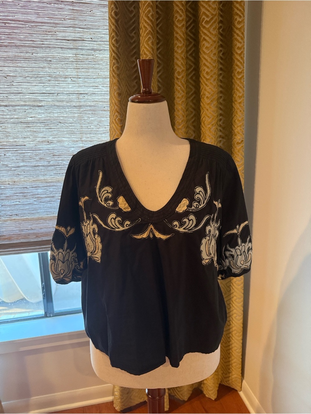 Anthropologie Black V-Neck Top with Cream & light blue Embroidery